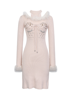 lefame拉飞姆华丽钉钻羽毛装饰镂空针织连衣裙