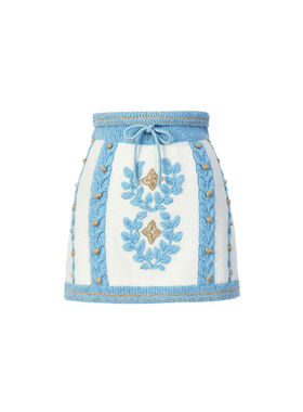 lefame拉飞姆秋季复古百搭蓝白条卷草纹针织短裙