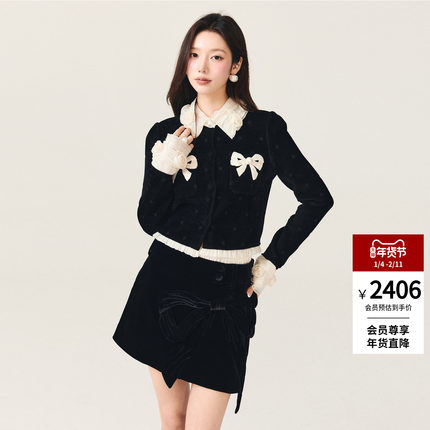 lefame拉飞姆2025冬季新款时尚洛可可欧根纱拼接针织开衫上衣女