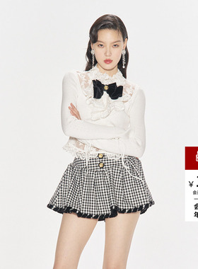 lefame拉飞姆秋季蝴蝶结装饰白色蕾丝针织上衣