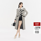 lefame拉飞姆秋季 复古经典 蝴蝶结钻饰黑白格长大衣