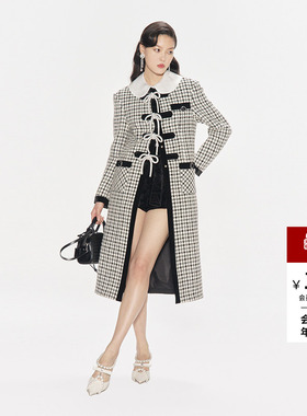 lefame拉飞姆秋季复古经典蝴蝶结钻饰黑白格长大衣