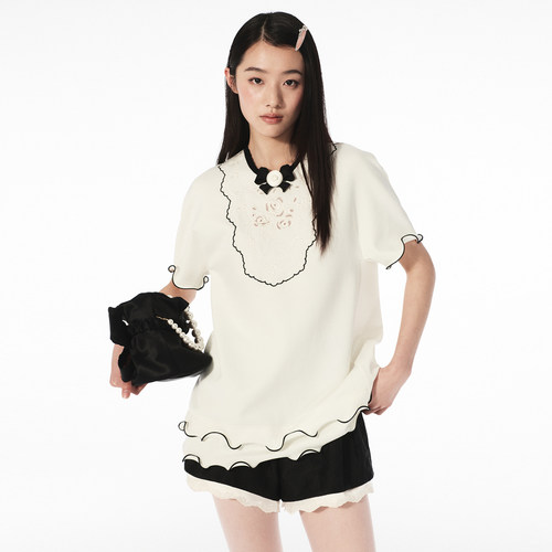 【Angelababy同款】lefame拉飞姆26夏季新款荷叶边刺绣中长T恤