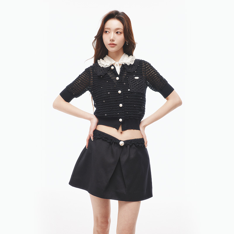 lefame拉飞姆时尚钉珠镂空拼接甜美针织开衫短袖女T恤