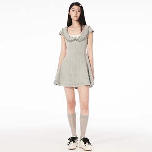 荷叶边A摆牛仔连衣裙烫钻设计短裙 时尚 lefame拉飞姆2026夏季 新款