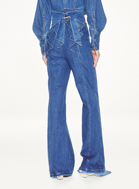 【明星同款】lefame拉飞姆春秋蝴蝶结蓝色牛仔裤拖地长裤微喇女