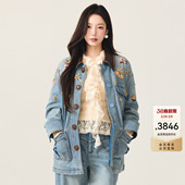 lefame拉飞姆2025冬季 廓形巴恩风花朵珠饰牛仔棉服上衣外套女 新款