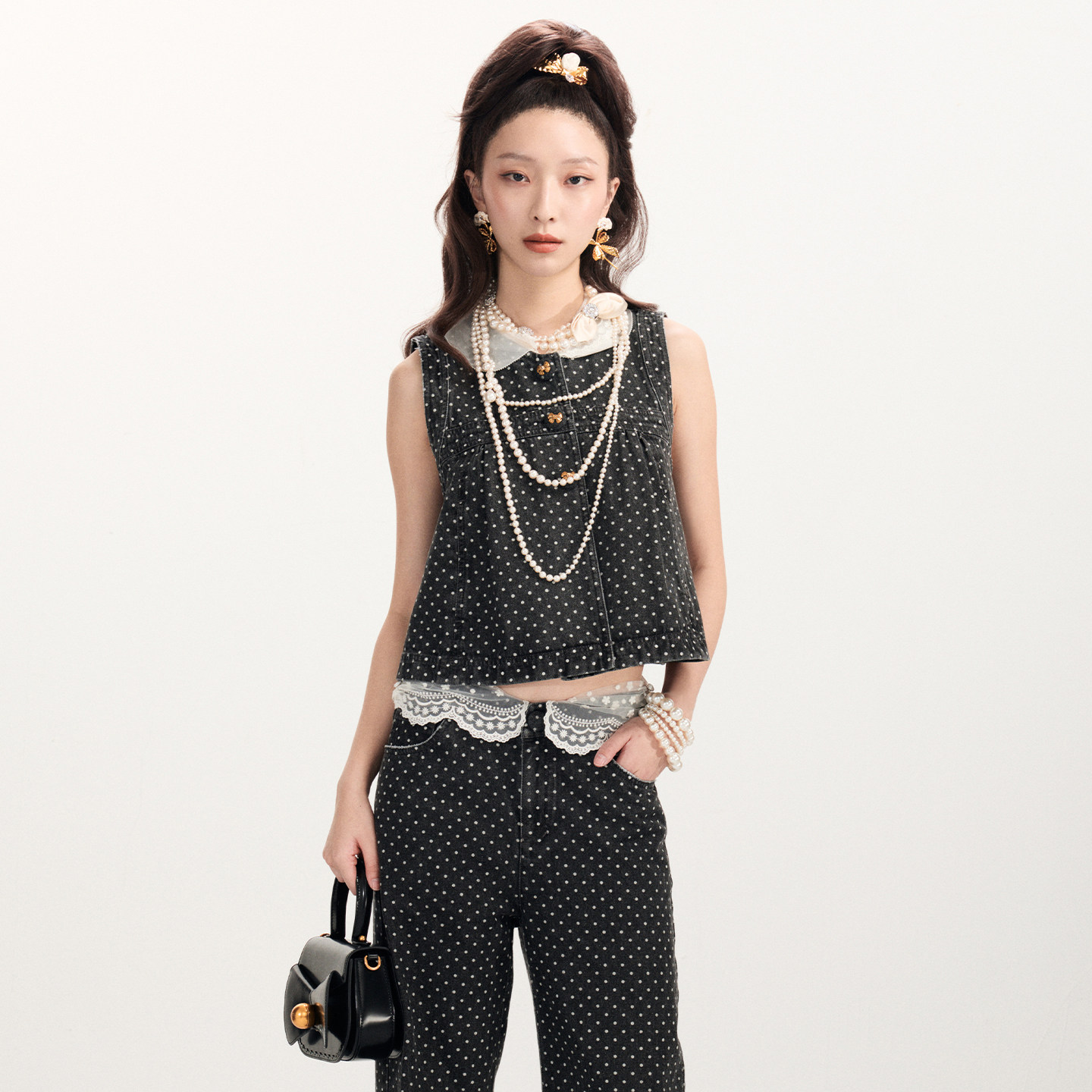 lefame拉飞姆2026春季新款时尚洛可可波点廓形A字牛仔背心马夹女