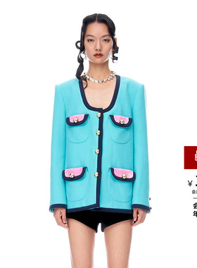 lefame拉飞姆复古水蓝色粗斜纹花呢料撞色长外套