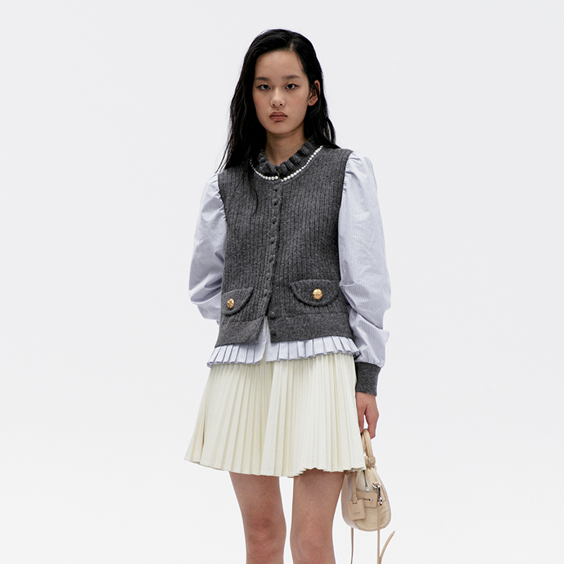 lefame拉飞姆冬季老钱风灰色拼接毛织针梭织衬衫上衣女