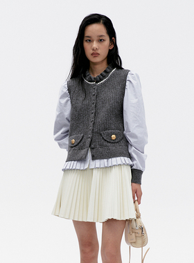 lefame拉飞姆冬季老钱风灰色拼接毛织针梭织衬衫针织开衫上衣女