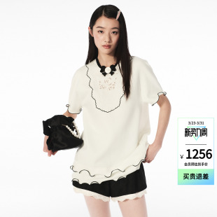 新款 lefame拉飞姆26夏季 荷叶边刺绣中长T恤 Angelababy同款