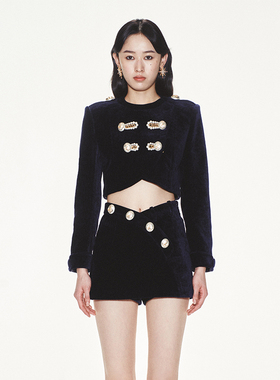 【明星同款】lefame拉飞姆海风气质珍珠盘扣藏蓝色丝绒短外套