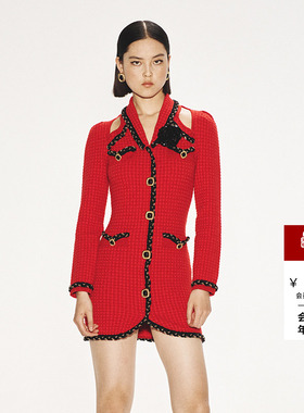 lefame拉飞姆港风红色暗格纹肌理性感毛织连衣裙