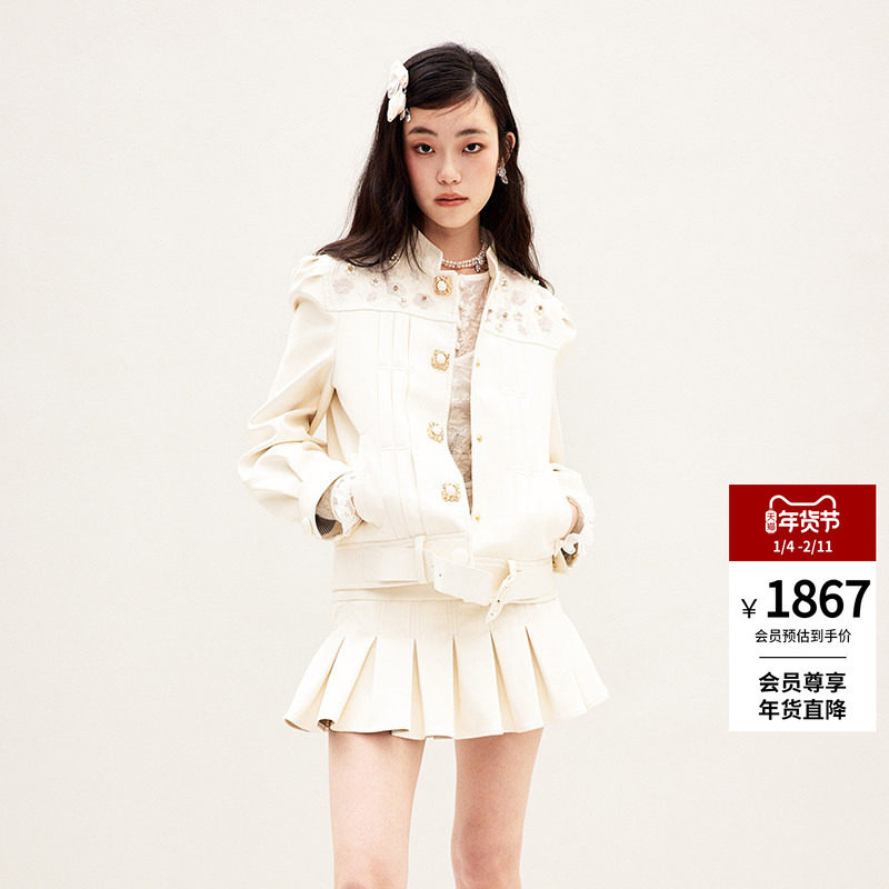 lefame拉飞姆2026春季华丽梅花珠片绣中式PU皮外套