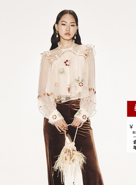 lefame拉飞姆中式宝相花图案纹样刺绣网纱上衣