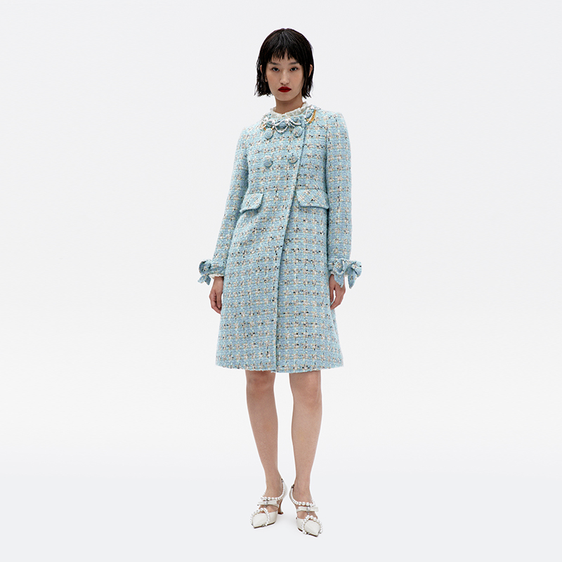 lefame拉飞姆冬季蓝色丝带缠绕珠链装饰粗花呢大衣