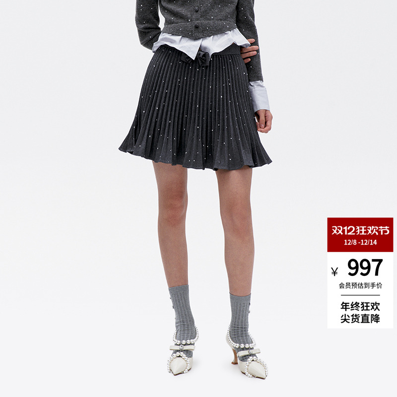 lefame拉飞姆冬季烫钻蝴蝶结波浪摆压褶半裙设计感女