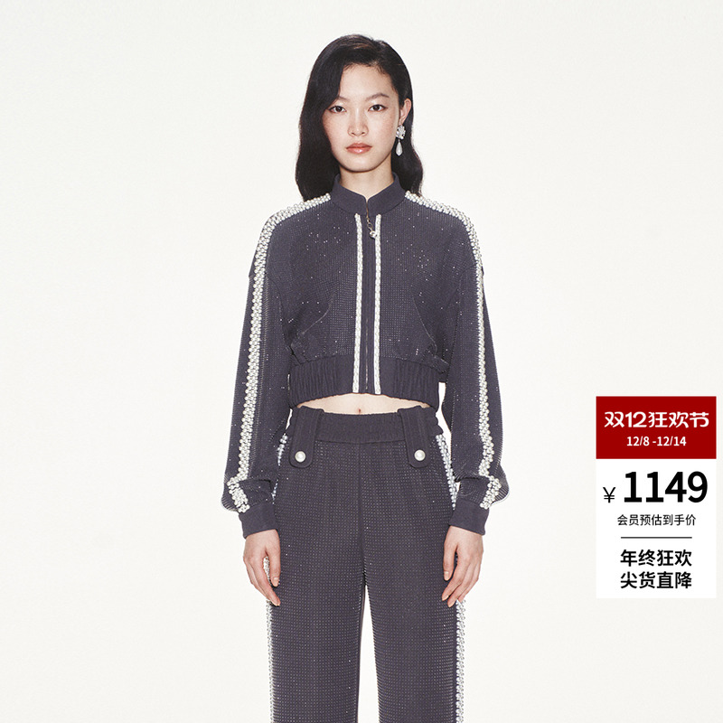 lefame短款闪钻珍珠装饰短外套