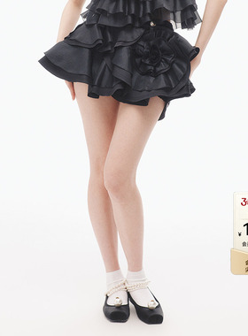 【祝绪丹同款】lefame拉飞姆时尚波嬉风花朵造型黑色半裙
