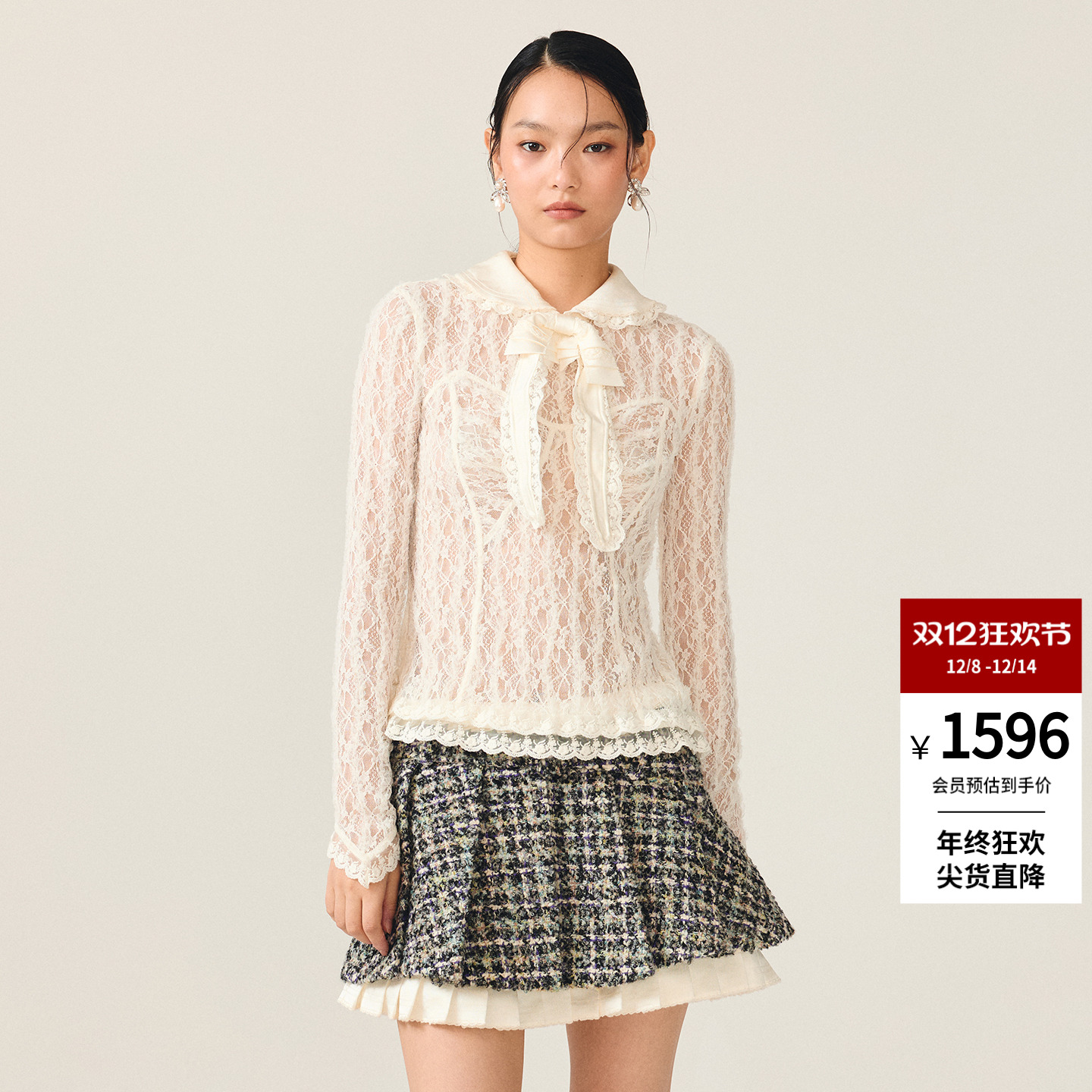 lefame拉飞姆2025冬季新款蝴蝶结装饰双层娃娃领设计蕾丝上衣