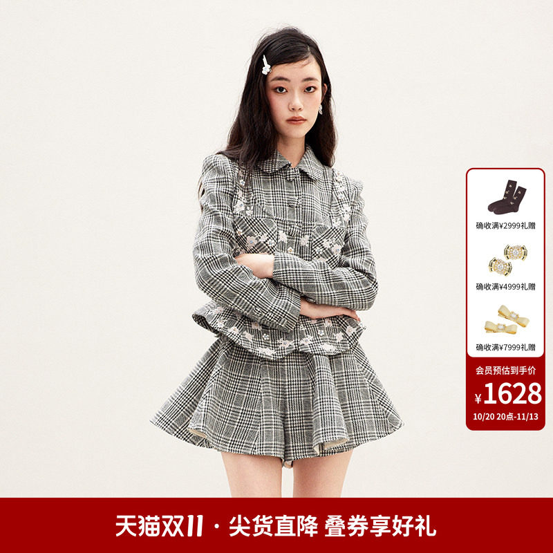 lefame拉飞姆春秋重工梅花珠片绣中式黑白格外套