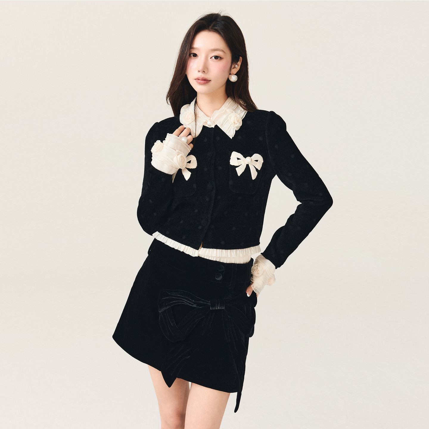 lefame拉飞姆2025冬季新款时尚洛可可欧根纱拼接针织开衫上衣女