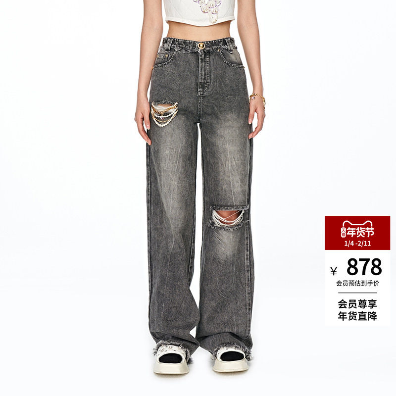 lefame拉飞姆2025秋季金属装饰破洞高腰阔腿直筒裤做旧牛仔长裤女,女装/女士精品,牛仔裤,淘宝优惠券,粉丝福利购,淘宝优惠卷