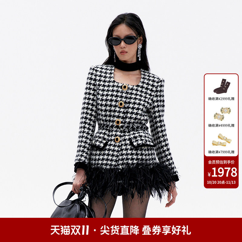 lefame拉飞姆千鸟格中长外套毛衣呢料羊毛大衣女