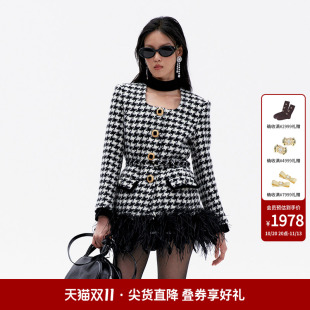 lefame拉飞姆千鸟格中长外套毛衣呢料羊毛大衣女