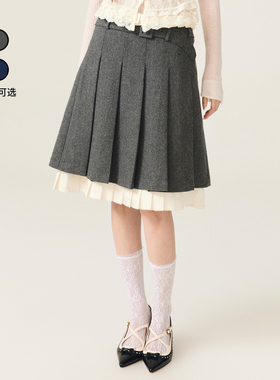 【王子璇同款】lefame拉飞姆2025冬季新款学院风褶裥中长百褶半裙
