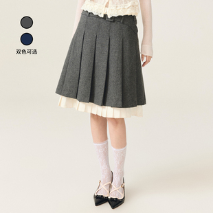 新款 lefame拉飞姆2025冬季 学院风褶裥中长百褶半裙 王子璇同款
