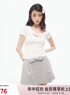 lefame拉飞姆夏新品兔耳朵蝴蝶结钉珠白色短袖T恤上衣女修身型