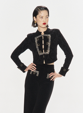 lefame拉飞姆秋季复古时尚黑色刺绣针织外套