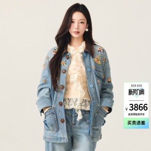 lefame拉飞姆廓形巴恩风花朵珠饰牛仔棉服上衣外套女