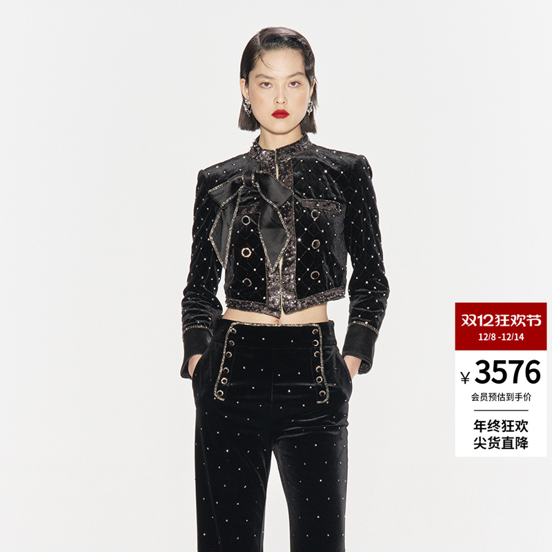 【明星同款】lefame拉飞姆秋季丝绒烫钻短棉服短款外套