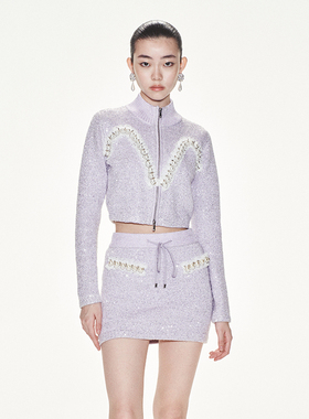 lefame拉飞姆优雅复古街头铆钉紫色针织开衫上衣