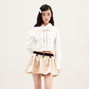 lefame拉飞姆2026春季 上衣 可拆卸蝴蝶结珍珠花边镂空衬衫