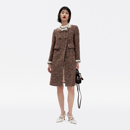 lefame拉飞姆冬季珠链缠绕双排布包扣老钱风咖色大衣