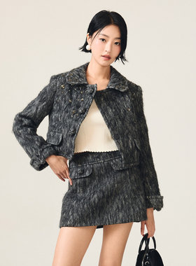 lefame拉飞姆冬季格雷少女经典灰色钉珠短外套