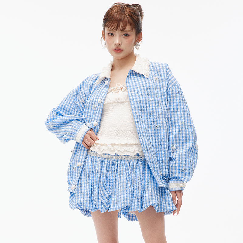 夏季新款时尚蓝白格外套