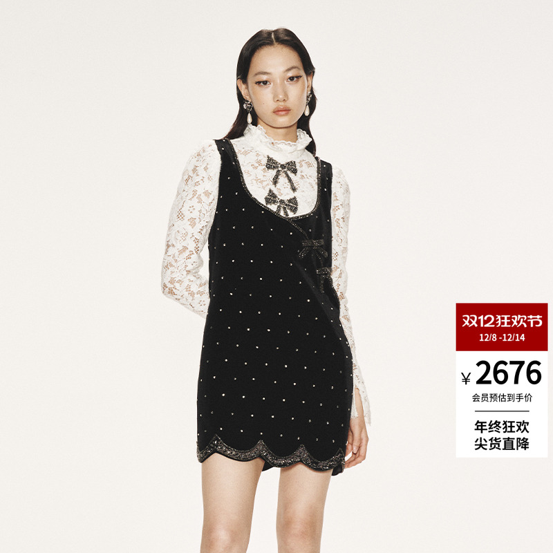 LEFAME绣花连衣裙丝绒钉珠