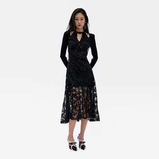 lefame拉飞姆冬季 针梭织两件套黑色网纱连衣裙 中式