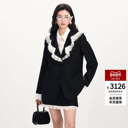 lefame拉飞姆2026早春新品时尚洛可可荷叶领羊毛中长外套上衣