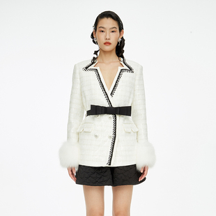 lefame拉飞姆华丽五角星珠片不规则领口呢外套