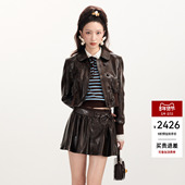 lefame拉飞姆2026早春新款 娃娃领立体蝴蝶结PU皮夹克短上衣外套女