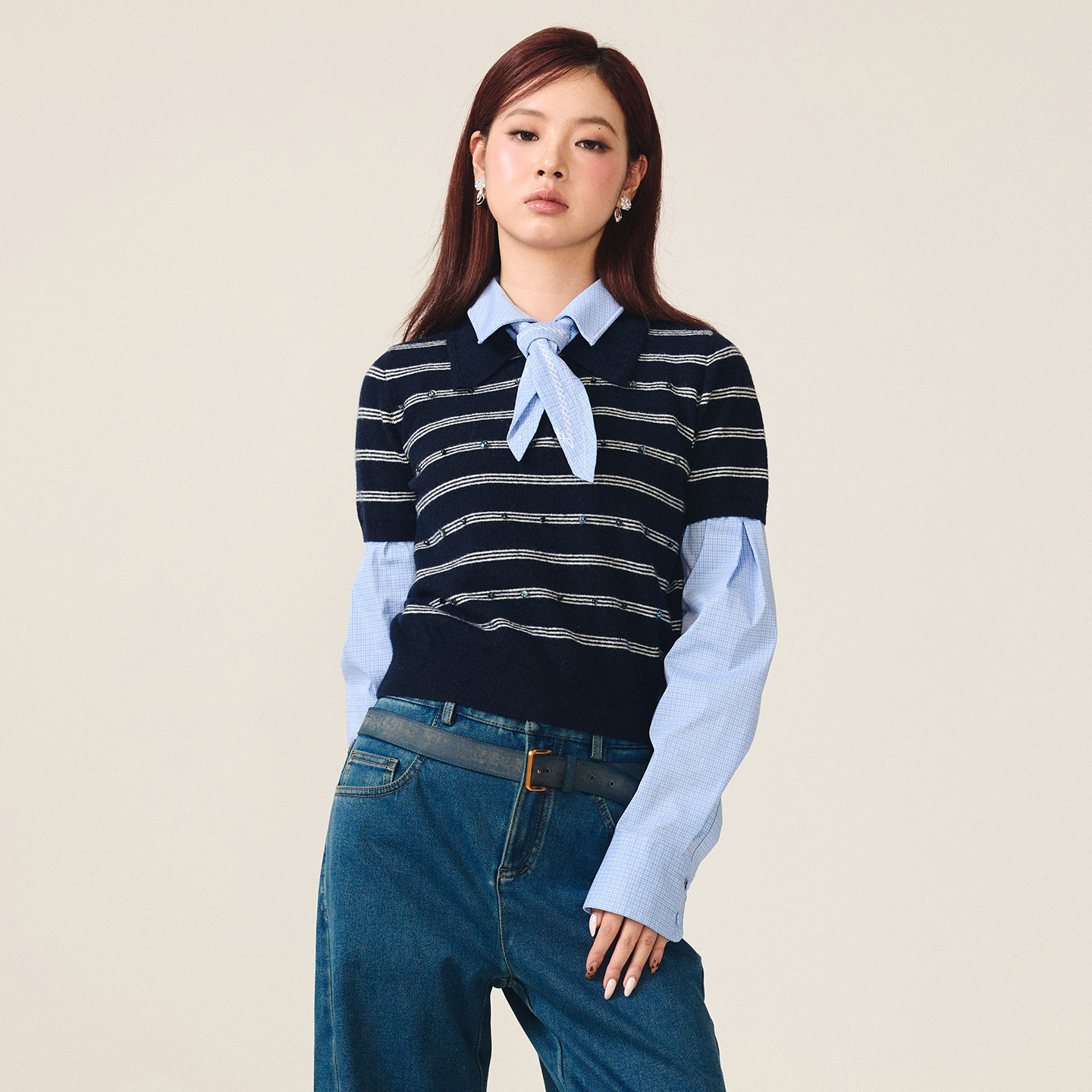 lefame拉飞姆2025冬季新款学院千金风条纹假两件拼接长袖上衣女