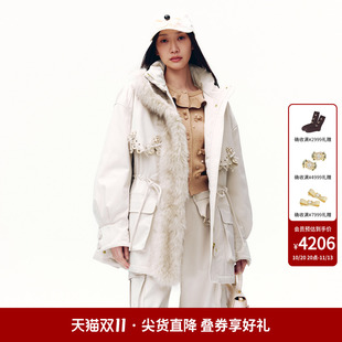 lefame拉飞姆2026秋冬新款时尚珠饰绣花拼接中长款派克服羽绒服女