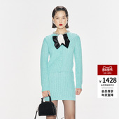 lefame拉飞姆秋季 复古湖蓝色缎带蝴蝶结针织开衫