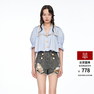 lefame拉飞姆春夏精致压褶织带蓝色小个子短袖 百搭上衣女